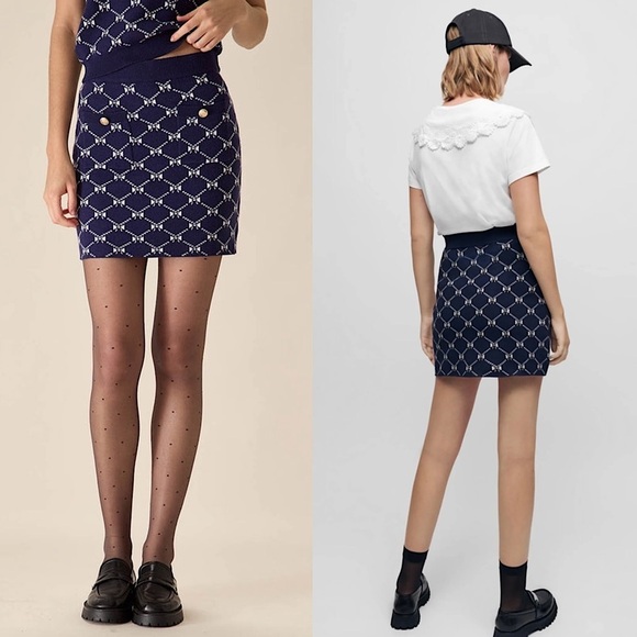 MAJE Navy Bow Design Jacquard Knit Gold Logo Button Patch Pocket Mini Skirt 6 - Picture 4 of 14